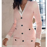 Wepbel V-neck High Waist Single Breasted Dresses Woolen Elegants Bodycon Dress Women Long Sleeve Slim Fits Coats Dress Vestidos